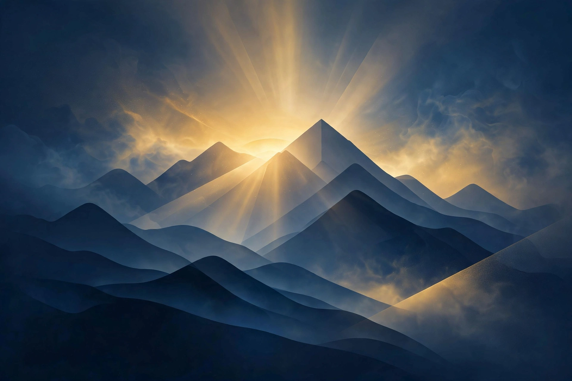 Mountain sunrise in blue and gold tones